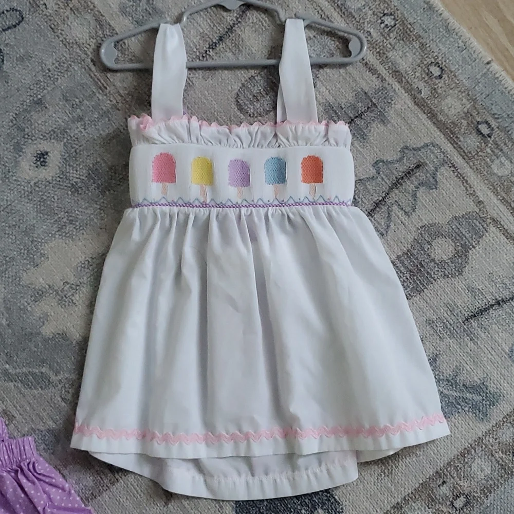 Stitchy Fish Girls Smocked Embroidered Popsicle Treats Matching Outfit Set Sz6